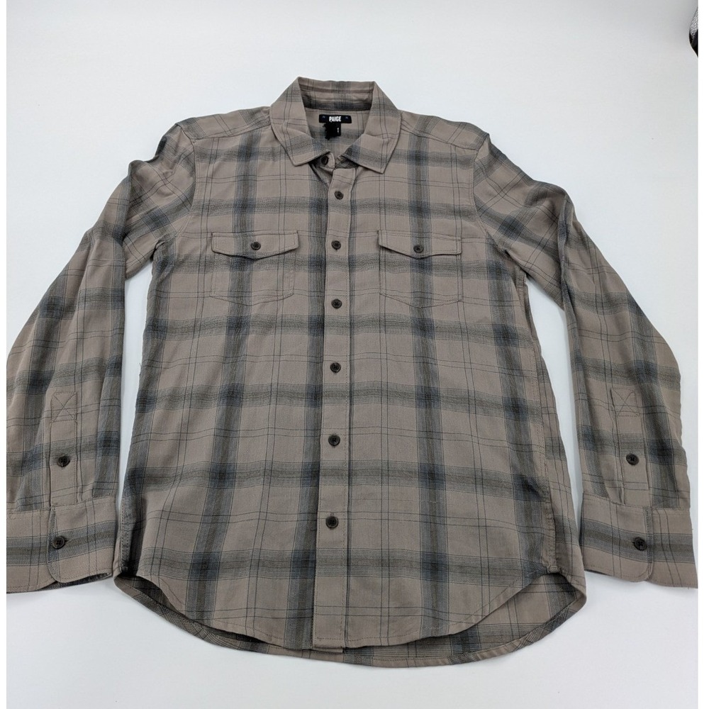 PAIGE Mens Everett Flannel Shirt Size Small Oak Sky Blue Grey Long Sleeve Pocket